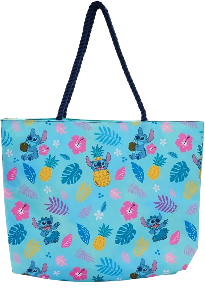 Disney Lilo & Stitch Tote Bag, Stitch Blue Hawaiian Print, Large Water-Resistant Canvas Purse